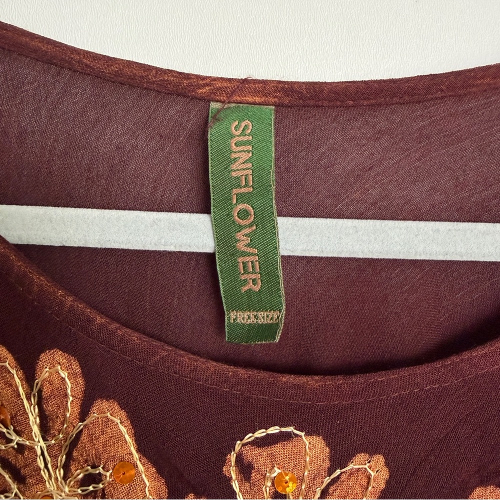 Sunflower Boho Embroidered Brown Orange Sequin Tunic Top Free Size Boho Hippie - Picture 3 of 11